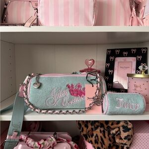 Juicy Couture Heritage Pastel Blue And Light Pink BarrelCrossbody Bag with Chain